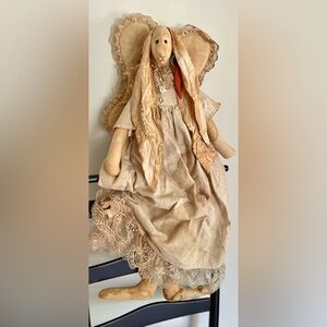 LARGE VINTAGE PRIMITIVE TEA STAINED SHABBY RABBIT LONG EARS LACE OUTFIT RAG DOLL